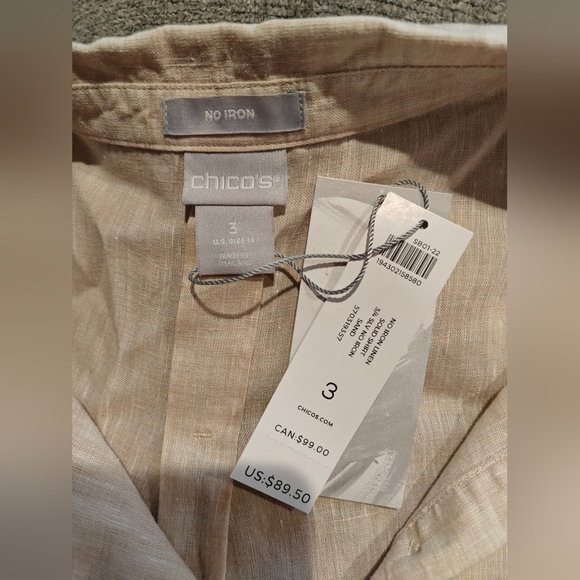 NWT Chico's Sand Beige Linen Button Up Shirt Size 3 Large - Picture 4 of 6